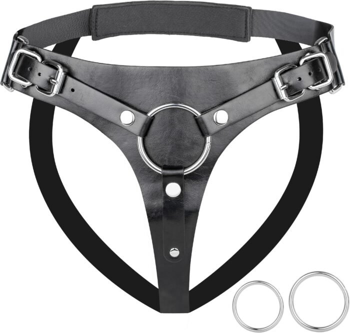 Strap On Harness Sex Toys for Women - Strapon Dildo Harness Adjustable Waist Leather Belt with 3 Size Metal Rings Pegging Dildo, Sex Straps Adult Toys for Men Women Lesbian