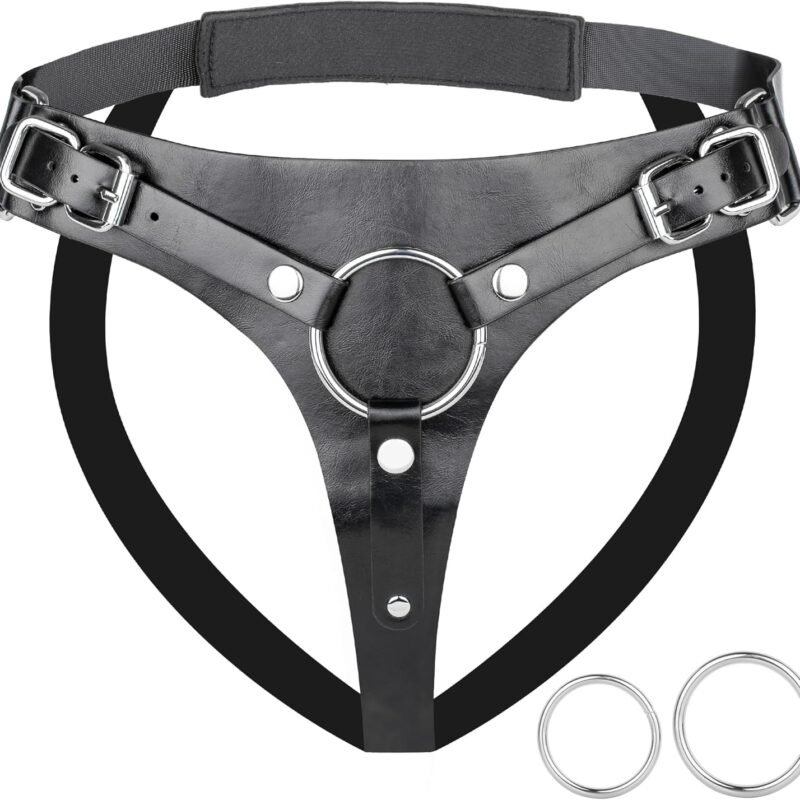 Strap On Harness Sex Toys for Women - Strapon Dildo Harness Adjustable Waist Leather Belt with 3 Size Metal Rings Pegging Dildo, Sex Straps Adult Toys for Men Women Lesbian