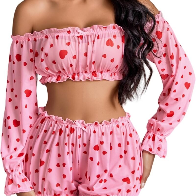 Avidlove Lingerie Sets for Women Sexy Long Sleeve Off Shoulder Ruffle Bra and Panty Set
