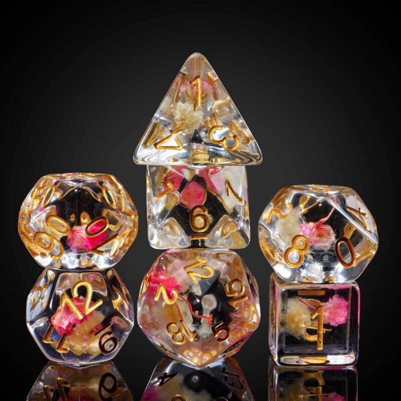 Cusdie 7-Die DND Dice, Polyhedral Dice Set Filled with Flowers, for Role Playing Game Dungeons and Dragons D&D Dice Pathfinder (Rose/White w/Golden Numbers)