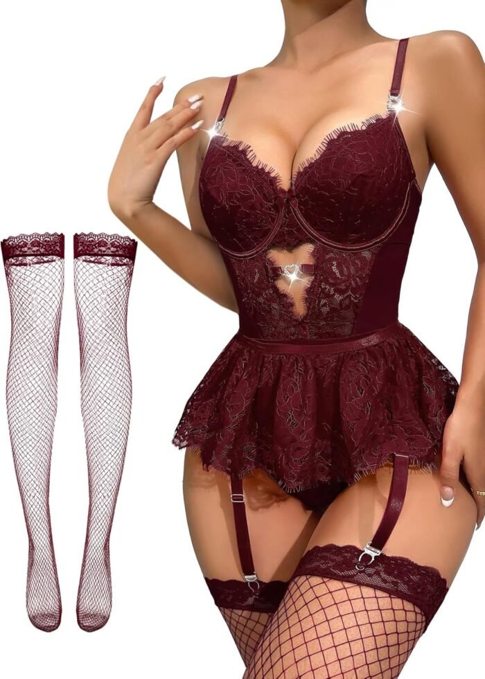 Lilosy Sexy Stocking Heart Rhinestones Underwire Babydoll Lace Mesh Garter