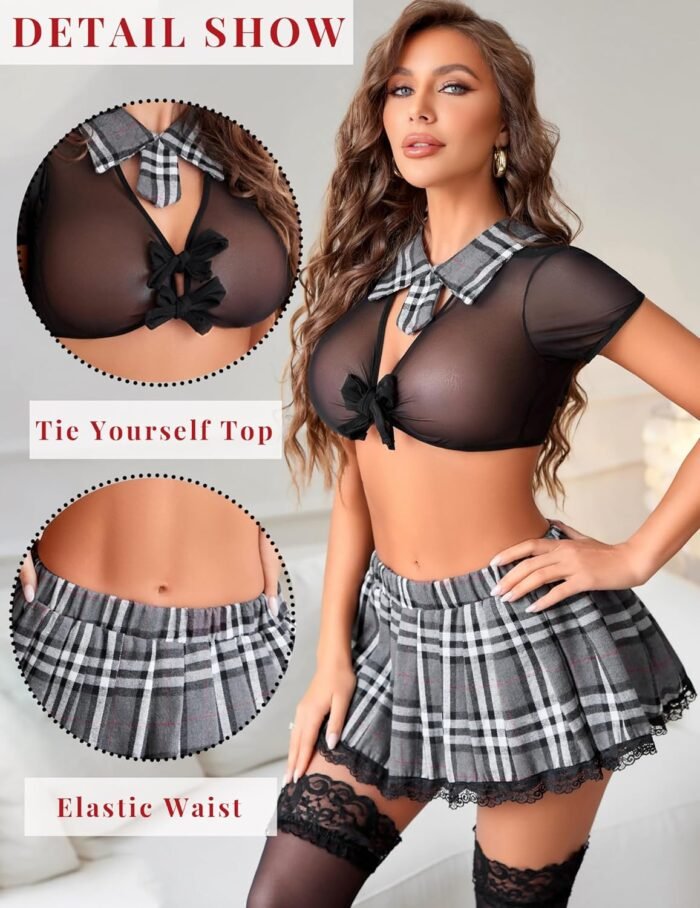 Avidlove Sexy School Girl Lingerie for Women Student Outfits Roleplay Lingerie Set with Plaid Mini Skirt - Image 2