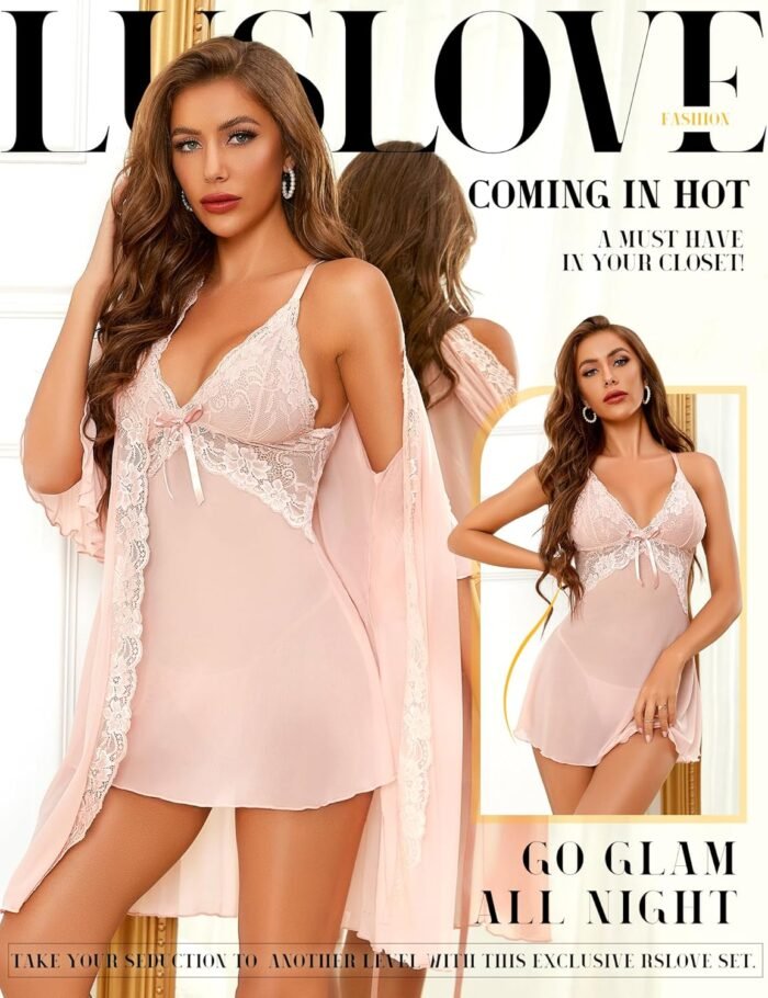 Women Sexy Lingerie Set 3 Piece Babydoll & Lace Kimono Robe Strap Chemise Nightgown Mesh Sleepwear - Image 2