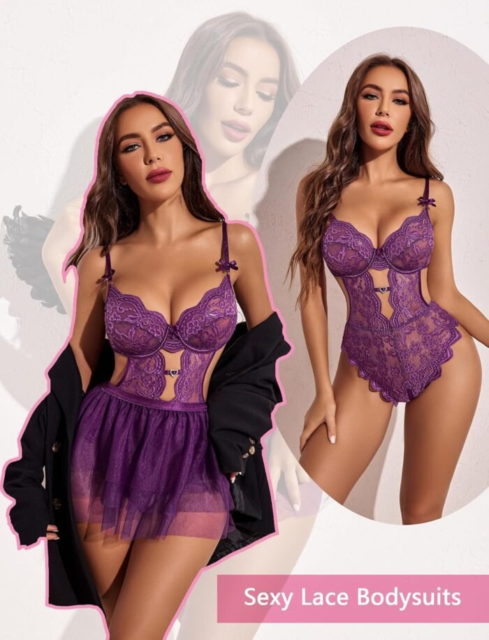 Avidlove Lingerie for Women Lace Bodysuit with Detachable Mesh Mini Skirt Push Up Teddy Lingerie Set - Image 2