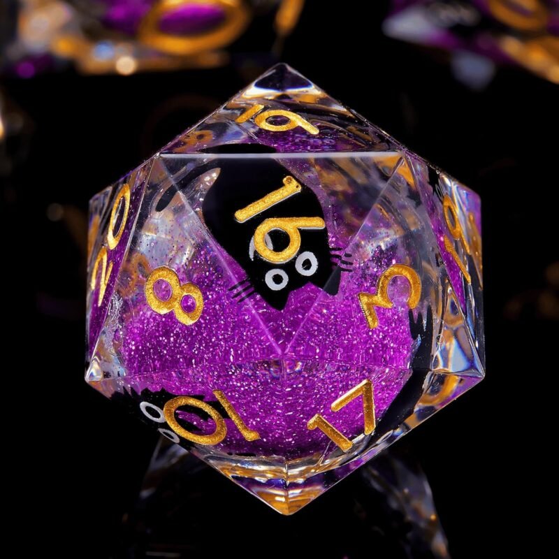 Liquid Core Cat DND Dice Set 7Pcs with Box- Sharp Edge Cute Cat Style Resin Dungeons and Dragons Dice for D&D, Roleplaying Games, RPG, MTG, Table Games D20 D12 D10 D8 D6 D4(Purple) 1