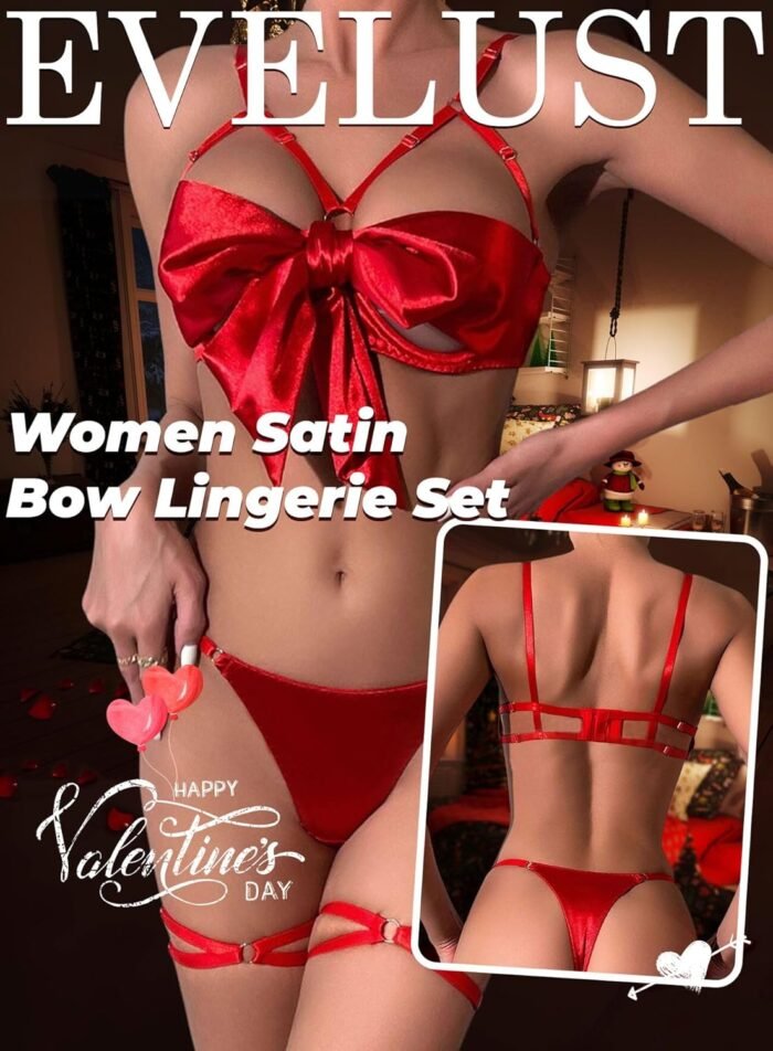 EVELUST Women Satin Bow Lingerie Set - Valentines Sexy Unwrap Me Red Bowtie Bra Thong Panty Thigh Straps Bridal 4 Pcs Sets - Image 2