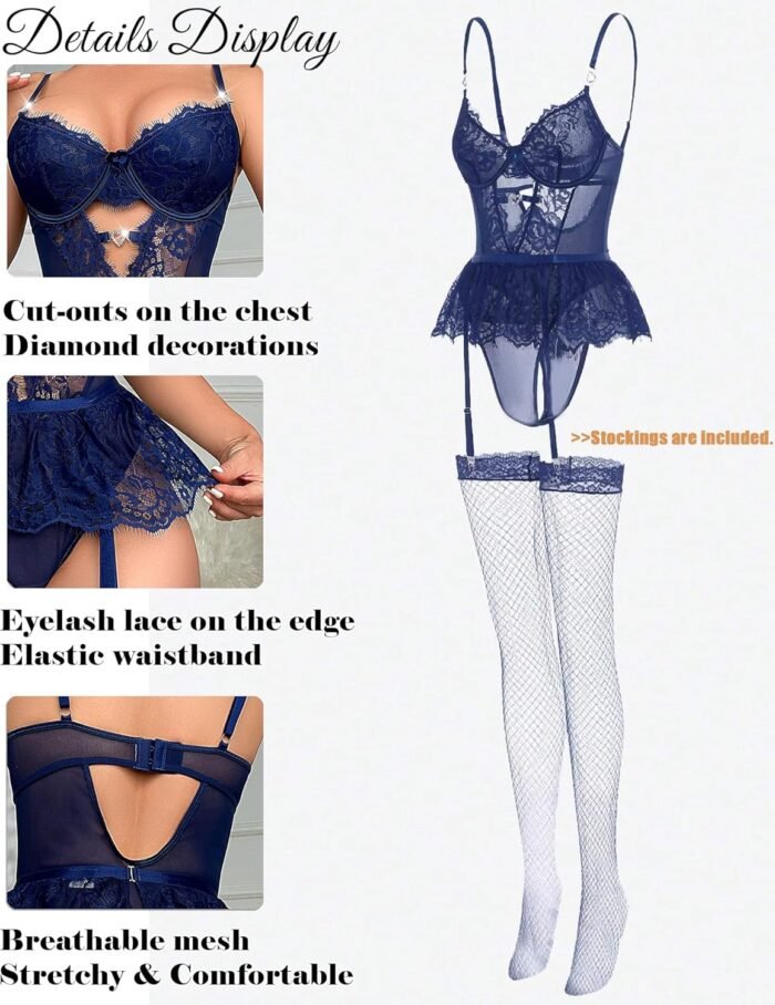 Women Lingerie Set Naughty Lace Bodysuit High Waisted Underwire Lingerie Babydoll With Garter Belt and Stockings - Image 2