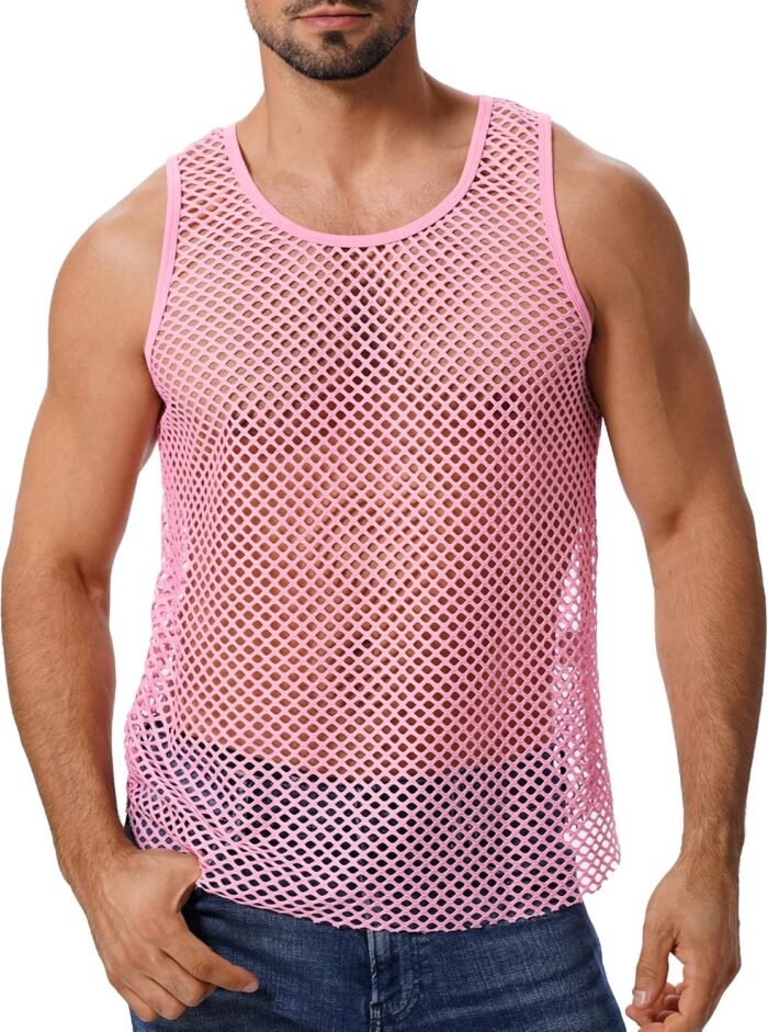 ABAFIP Men's Fishnet Mesh Tank Top Sleeveless Sheer Shirt Gym Workout Fitted Muscle Top Undershirt