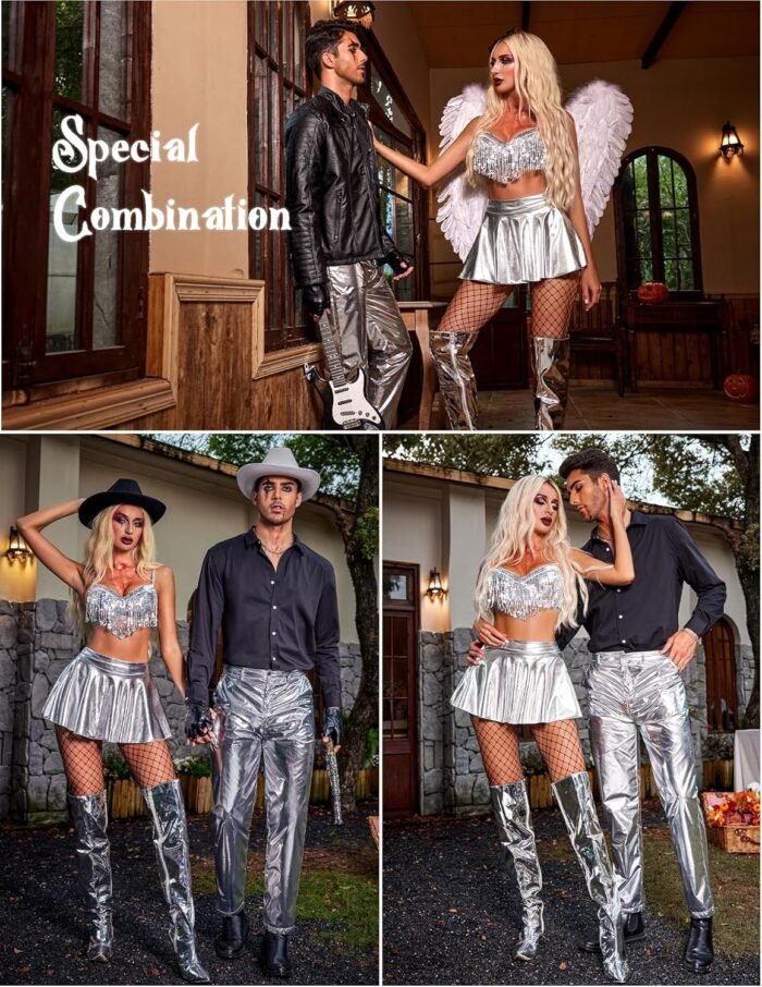 Avidlove Rave Outfits for Women Sequin Fringe Outfits Cosplay Lingerie 3pack Costume Set with Metallic Skirt - Image 4