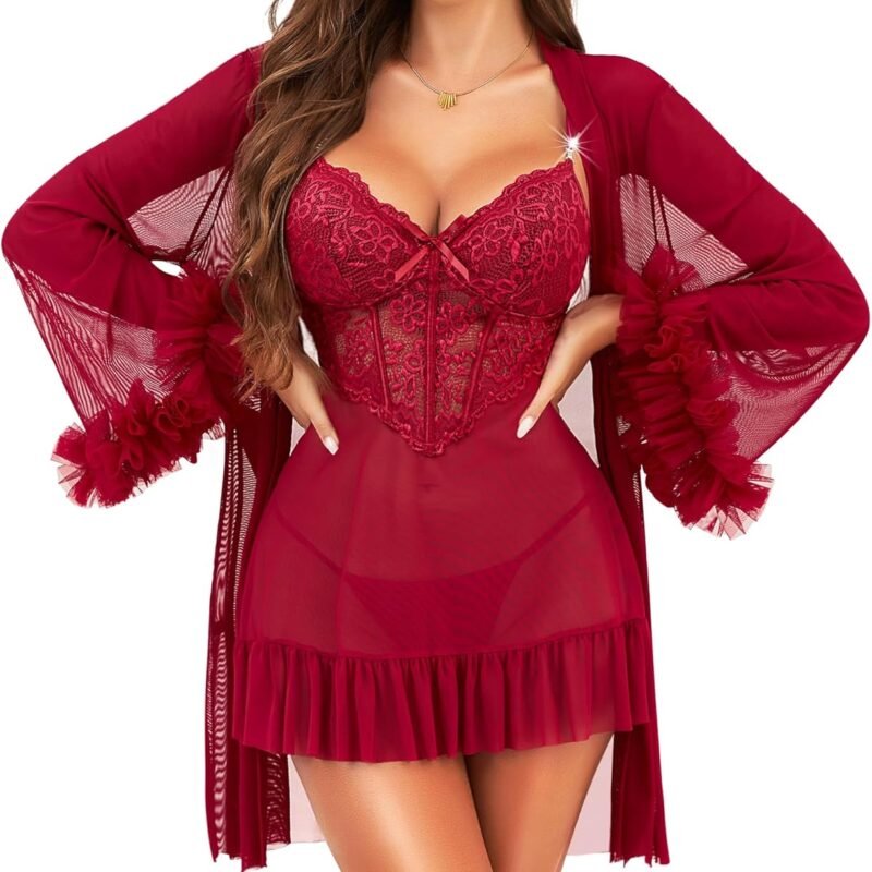 RSLOVE Lingerie Sets for Women Sexy - 2 Piece Babydoll & Lace Kimono Robe Set Strap Chemise Sleepwear Mesh Nightgown Ruffled