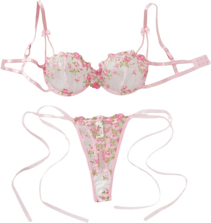 GORGLITTER Women's Bow Bra Sexy Lingerie Set Mesh Push Up Bralette and Panty 2 Piece