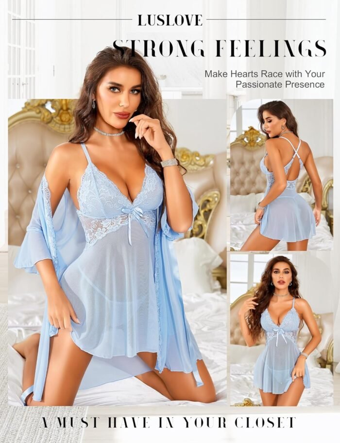 Women Sexy Lingerie Set 3 Piece Babydoll & Lace Kimono Robe Strap Chemise Nightgown Mesh Sleepwear - Image 3