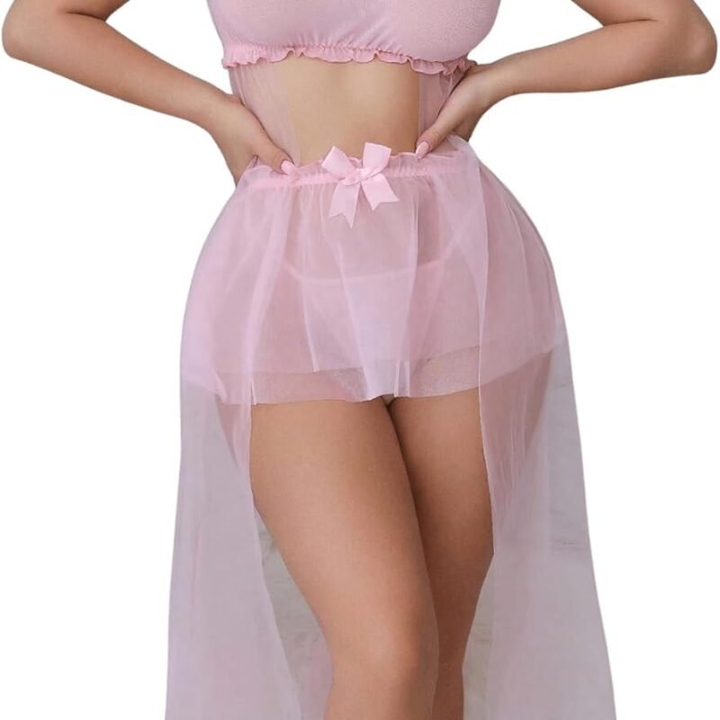 MakeMeChic Women's 3 Piece Exotic Lingerie Set Cute Bow Mesh Sheer Ruffle Crop Tops Babydoll Lingerie Skirt Set with Thong