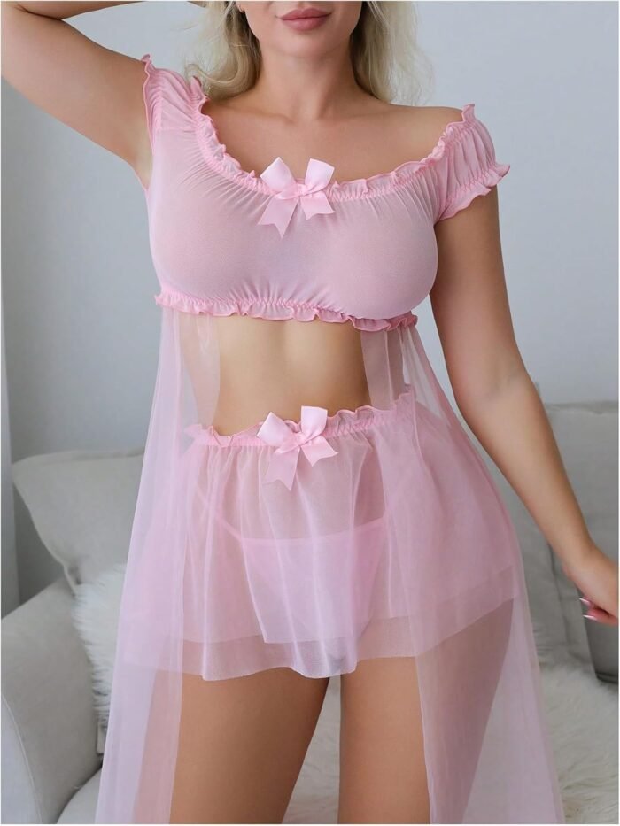 MakeMeChic Women's 3 Piece Exotic Lingerie Set Cute Bow Mesh Sheer Ruffle Crop Tops Babydoll Lingerie Skirt Set with Thong - Image 4