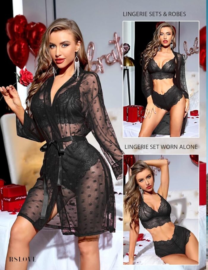 RSLOVE Women Sexy Lingerie Set 3 Piece Lace Kimono Robe with Bra and Panty Sheer Sleepwear - Image 3