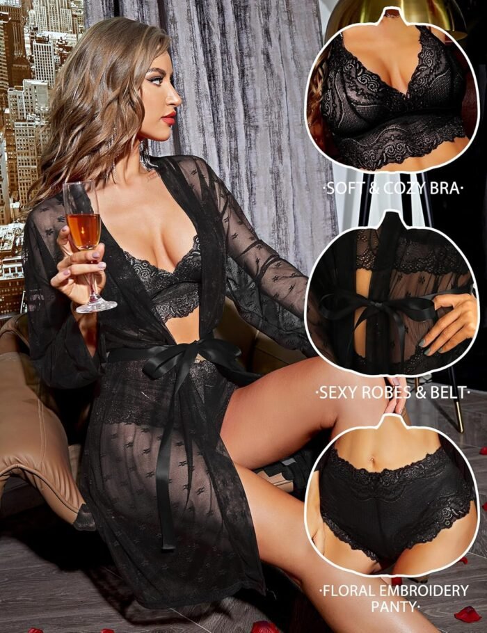 RSLOVE Women Sexy Lingerie Set 3 Piece Lace Kimono Robe with Bra and Panty Sheer Sleepwear - Image 4