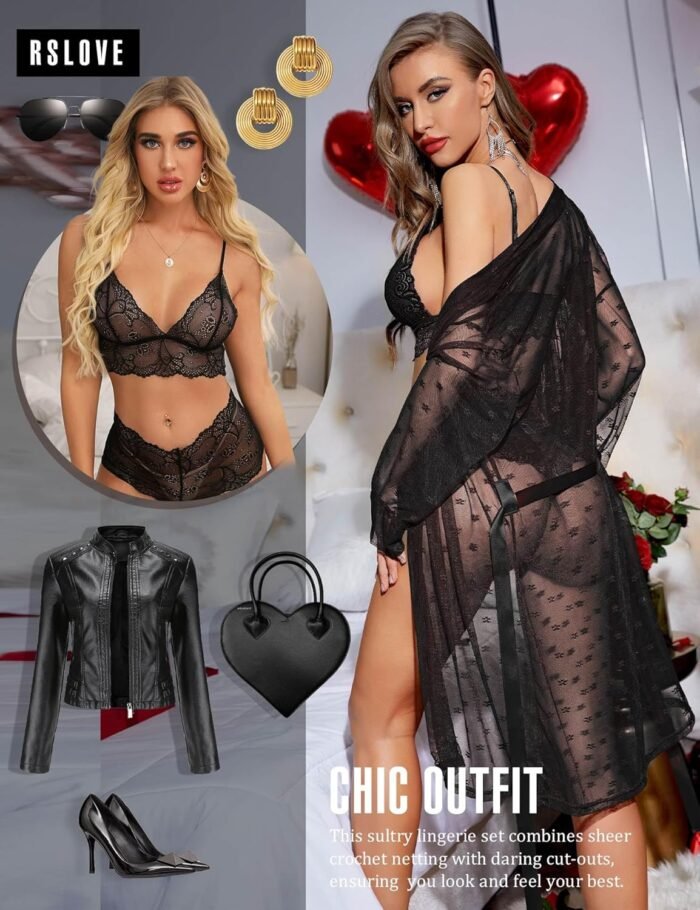 RSLOVE Women Sexy Lingerie Set 3 Piece Lace Kimono Robe with Bra and Panty Sheer Sleepwear - Image 5