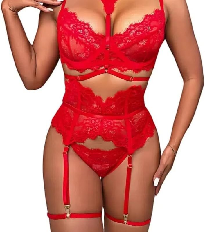 Elegant Lace Lingerie Set with Adjustable Straps and Garter Belt - Sheer Bra and Panty Ensemble for Women