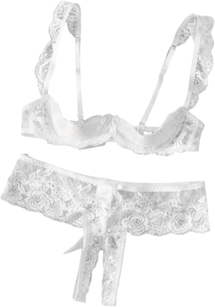 Lilosy Women Sexy White Floral Lace Sheer Lingerie Set Underwire See Through Bra and Panty - Image 2