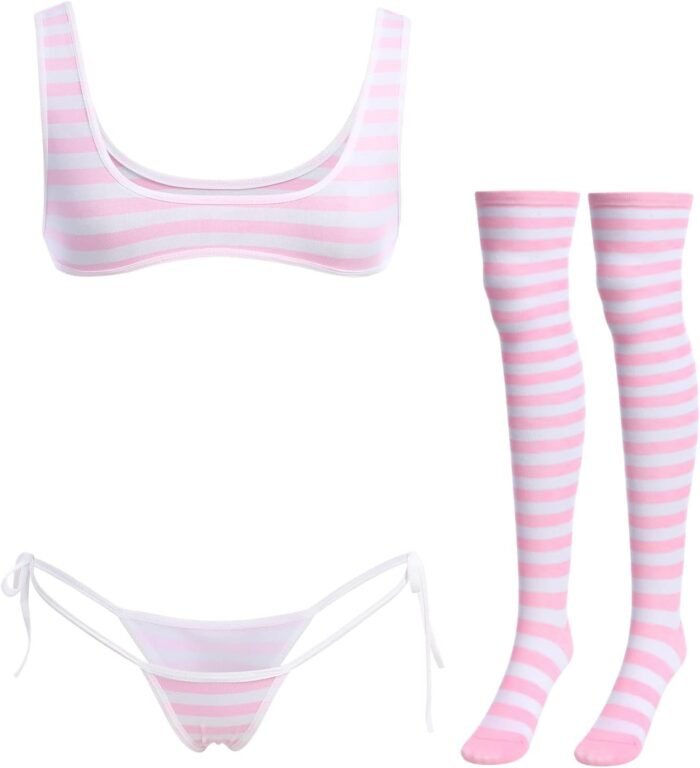 ABAFIP Women Cute Kawaii Anime Lingerie set Halter Strap Micro Bra Tiny Panty Garter Belt Striped Stockings 4Pcs Underwear