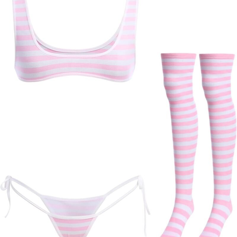 ABAFIP Women Cute Kawaii Anime Lingerie set Halter Strap Micro Bra Tiny Panty Garter Belt Striped Stockings 4Pcs Underwear