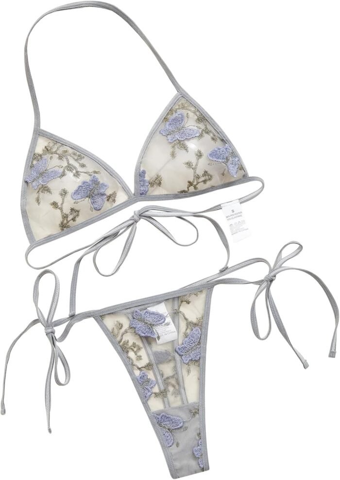 Sexy Lingerie For Women Embroidered Mesh Sheer Non Padded Bra & V-Strings Womens Lingerie Set Underwear