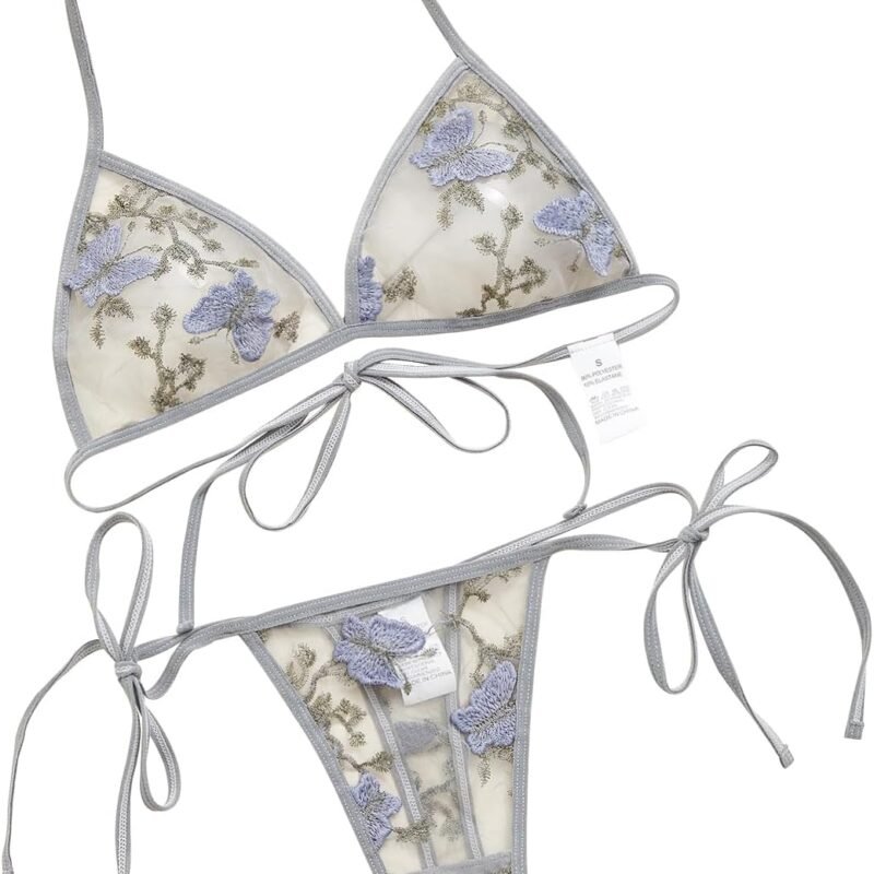 Sexy Lingerie For Women Embroidered Mesh Sheer Non Padded Bra & V-Strings Womens Lingerie Set Underwear