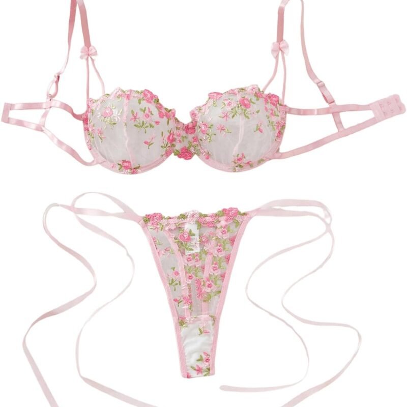 GORGLITTER Women's Bow Bra Sexy Lingerie Set Mesh Push Up Bralette and Panty 2 Piece