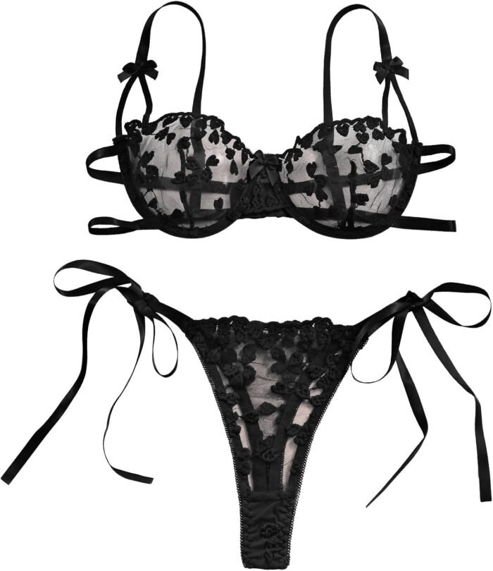 Lilosy Sexy Tie Side Cute Underwire Push Up Strappy Embroidered Mesh Sheer Lingerie Set