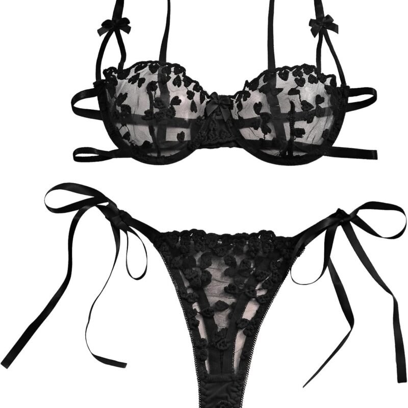Lilosy Sexy Tie Side Cute Underwire Push Up Strappy Embroidered Mesh Sheer Lingerie Set