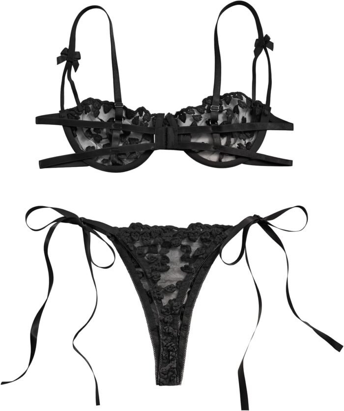 Lilosy Sexy Tie Side Cute Underwire Push Up Strappy Embroidered Mesh Sheer Lingerie Set - Image 2