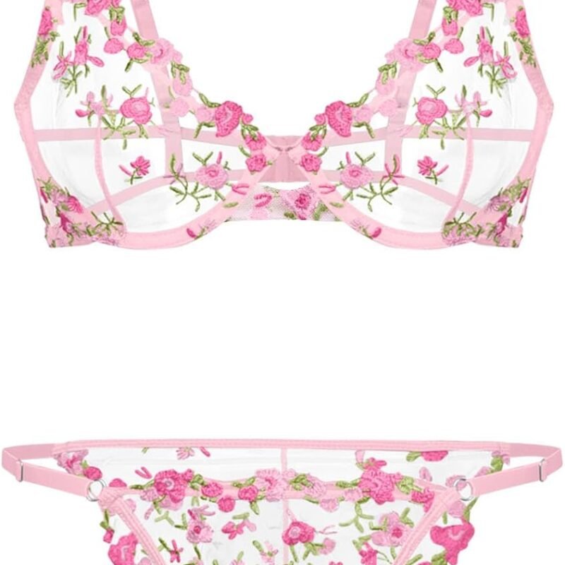 Lilosy Sexy Floral Embroidered Mesh Sheer Underwire Lingerie Set