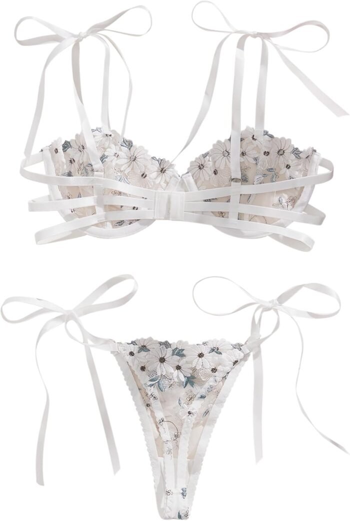 Lilosy Sexy Tie Side Embroidered Underwire Push Up Cute Strappy Mesh Sheer Bachelorette Lingerie Set - Image 2