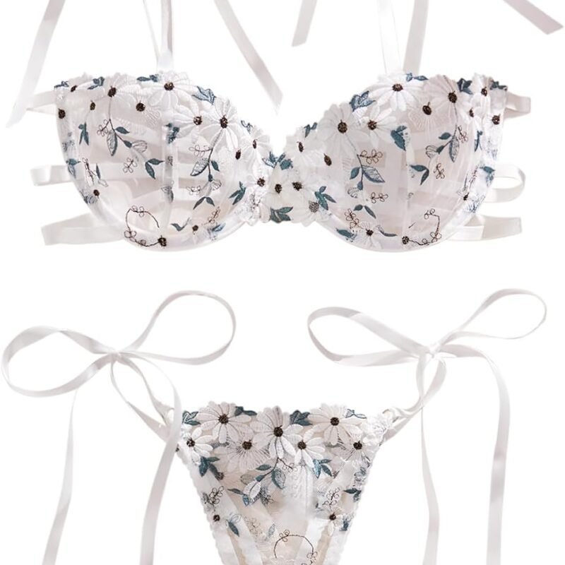 Lilosy Sexy Tie Side Embroidered Underwire Push Up Cute Strappy Mesh Sheer Bachelorette Lingerie Set
