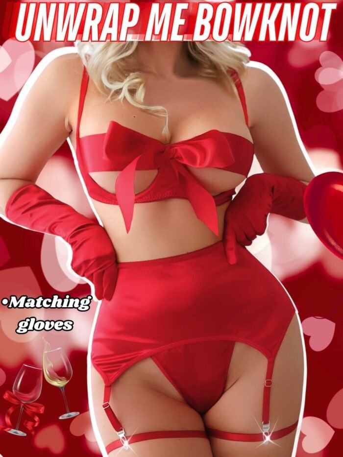 Kaei&Shi Bow Lingerie For Women,Unwrap Me Present Sexy Birthday Lingeries,4 Pcs Garter Belt Set Christmas Holiday Valentines - Image 4