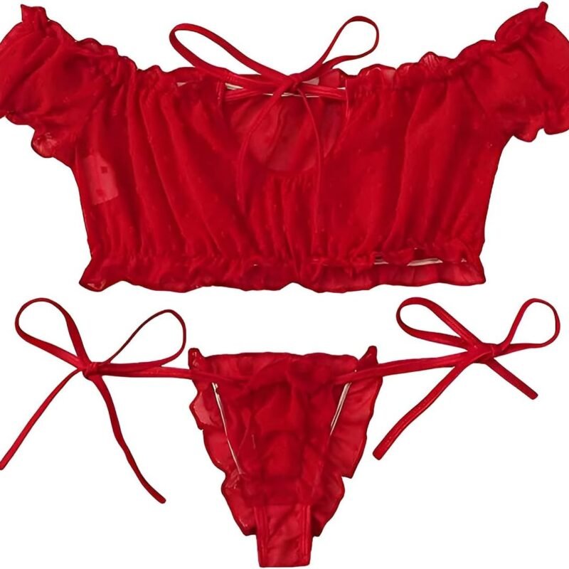 Lilosy Sexy Stretch Ruffle Tie Sheer Mesh Lingerie Set Outfits