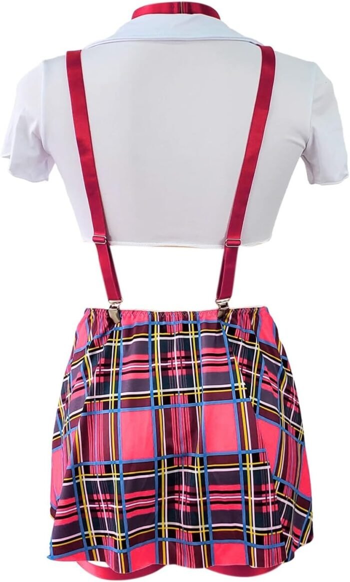 Schoolgirl Lingerie For Women Bow Tie-Front Crop Top And Plaid Mini Skirt Set Short Sleeve Student Costumes Outfits - Image 4