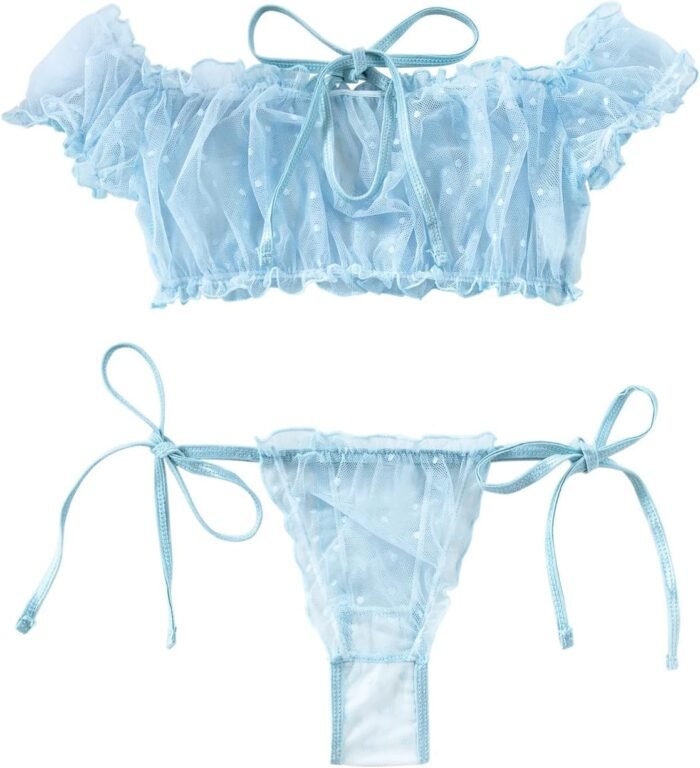 Lilosy Sexy Stretch Ruffle Tie Sheer Mesh Lingerie Set Outfits