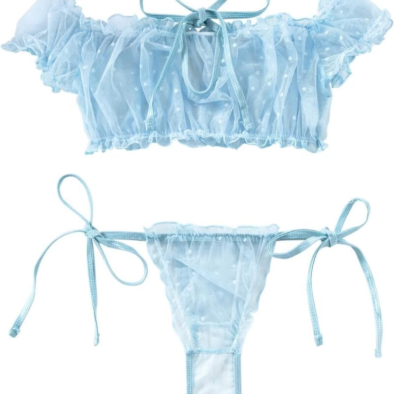 Lilosy Sexy Stretch Ruffle Tie Sheer Mesh Lingerie Set Outfits