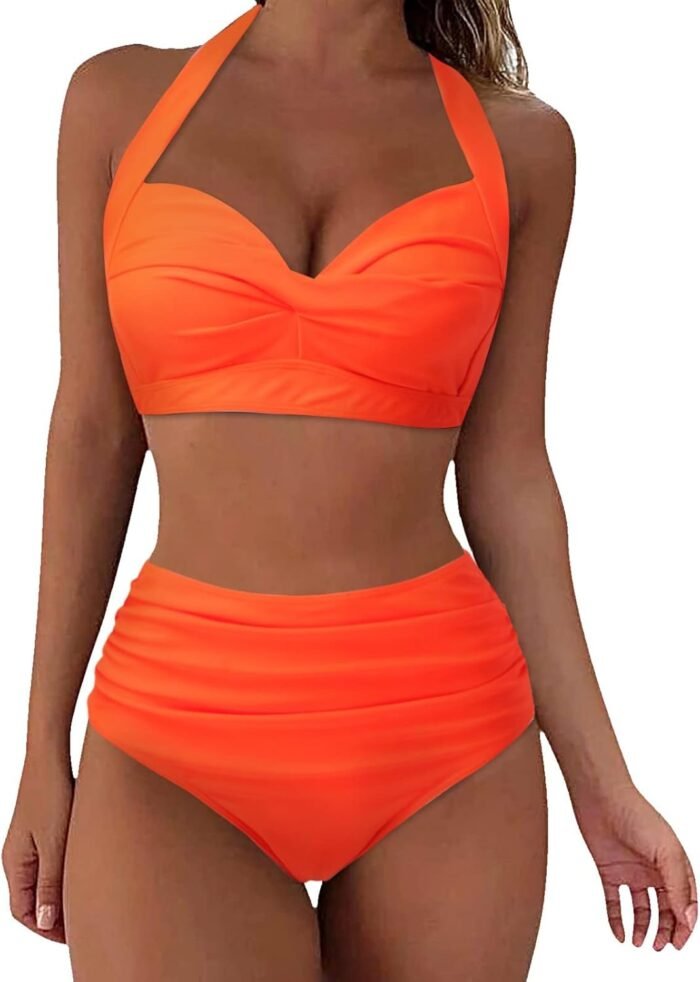 Womens Tummy Control Bathing Suits Modest High Waisted Bikini Sets Cute Halter 2 Piece Swim Suits