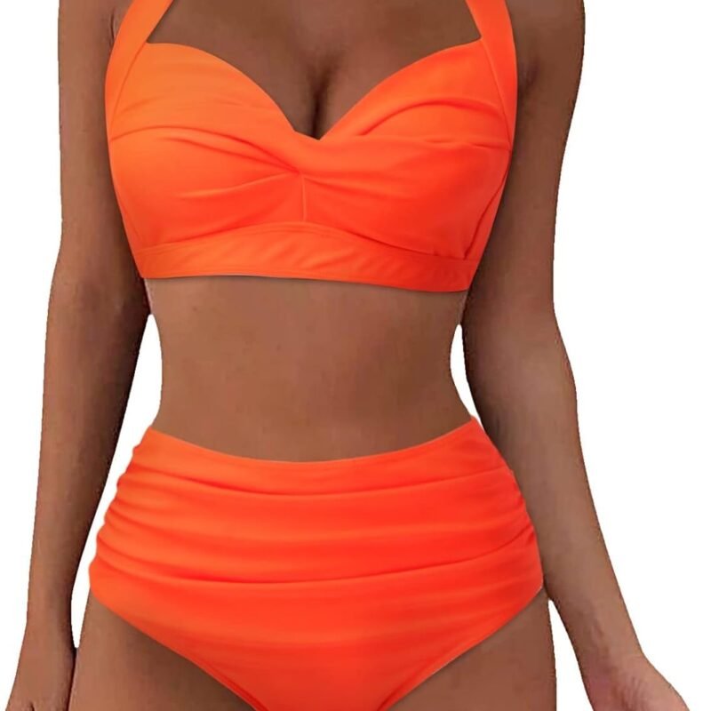 Womens Tummy Control Bathing Suits Modest High Waisted Bikini Sets Cute Halter 2 Piece Swim Suits