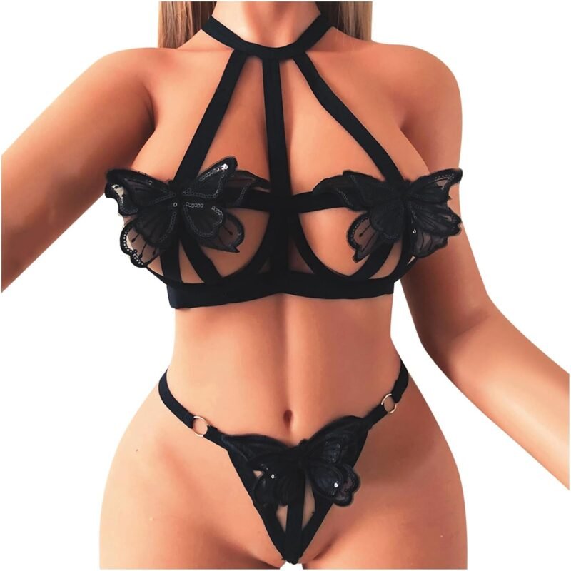 Womens Lingerie Set Women Bra and Panty Set Sexy Babydoll Adjustable Bow Tie Strappy G-String Wristband Teddy Underwear