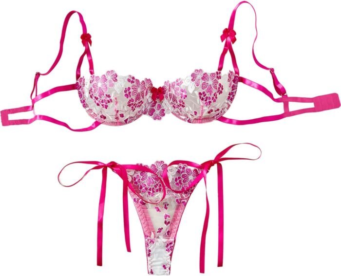 Lilosy Sexy Tie Side Cute Underwire Push Up Strappy Embroidered Mesh Sheer Lingerie Set