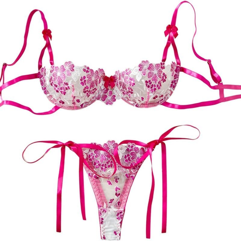 Lilosy Sexy Tie Side Cute Underwire Push Up Strappy Embroidered Mesh Sheer Lingerie Set
