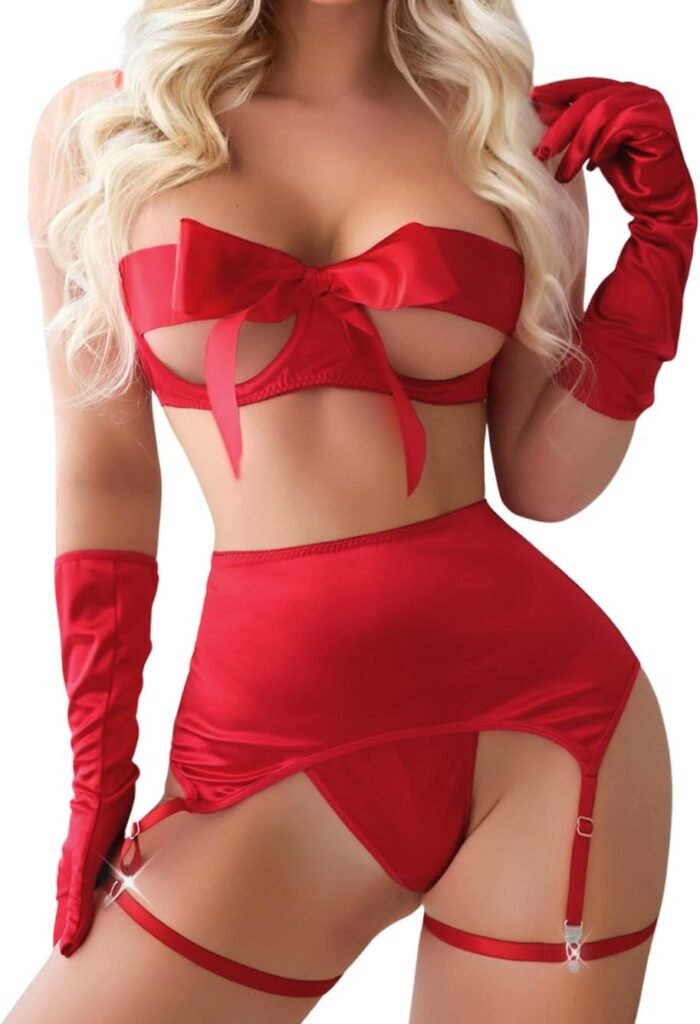 Kaei&Shi Bow Lingerie For Women,Unwrap Me Present Sexy Birthday Lingeries,4 Pcs Garter Belt Set Christmas Holiday Valentines