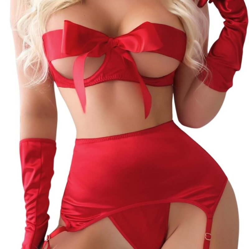Kaei&Shi Bow Lingerie For Women,Unwrap Me Present Sexy Birthday Lingeries,4 Pcs Garter Belt Set Christmas Holiday Valentines