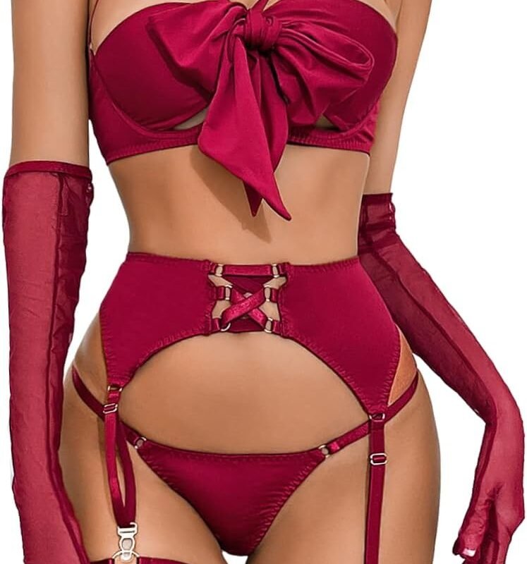 Kaei&Shi Sexy Bow Lingerie for Women,Unwrap Present Bra And Panty Set,Strappy Garter Lingeries Xmas Valentines Birthday Gift
