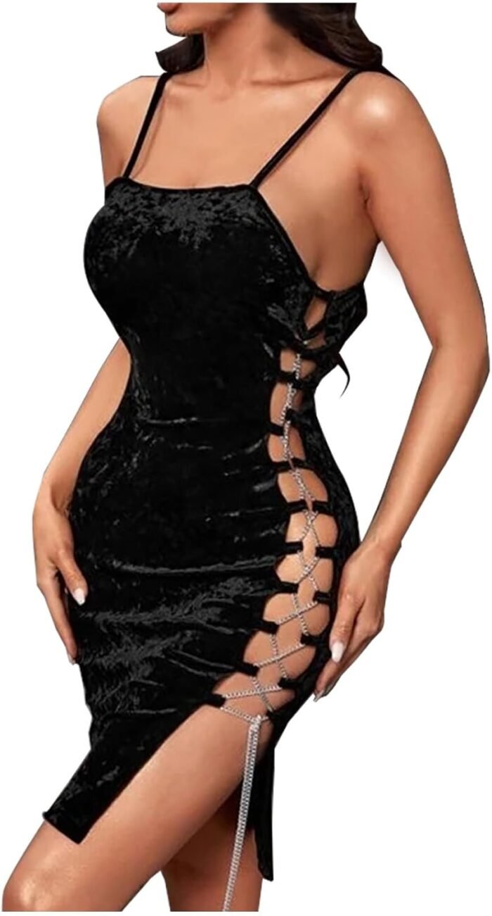 Oplxuo Women Velvet Lingerie Dress Side Slit Adjustable Chain Lace-up Bodycon Mini Dresses Spaghetti Strap Babydoll Chemise