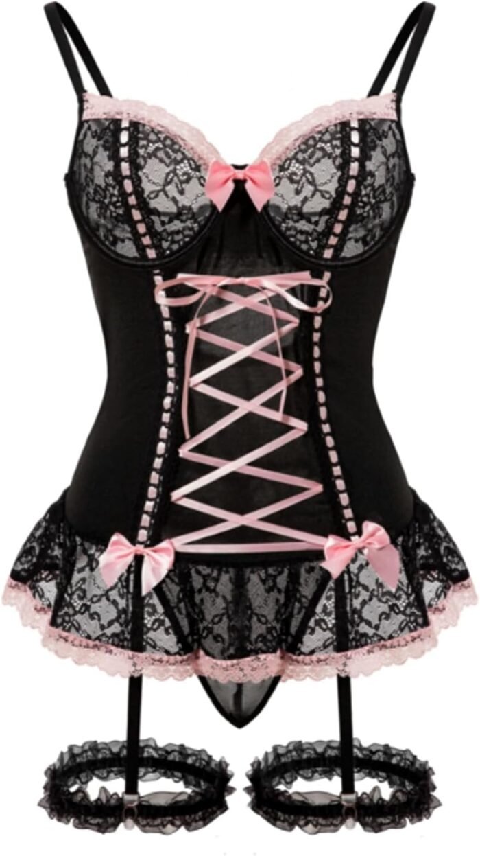 Corset Lingerie For Women Corset Lingerie Bodysuit With Garter For Women Sexy Rave Outfits Pink Bow Lace Up Naughty - Image 6