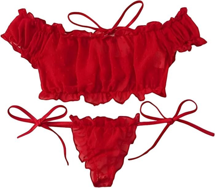 Lilosy Sexy Stretch Ruffle Tie Sheer Mesh Lingerie Set Outfits - Image 2